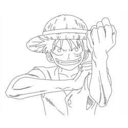 Coloriage Luffy ajustant son chapeau de paille avec un grand sourire