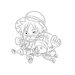 Coloriage Luffy et Chopper version chibi en pleine action