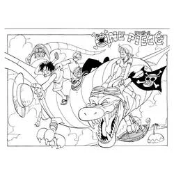 Coloriage One Piece les héros chevauchant une créature marine géante