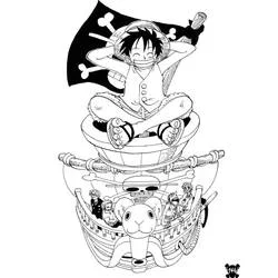 Coloriage Luffy assis au-dessus du Thousand Sunny avec l'équipage