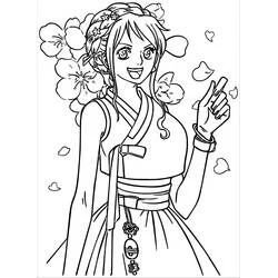 Coloriage Nami souriante parmi les fleurs de cerisier