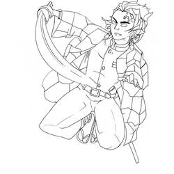 Coloriage Tanjiro en position de combat avec son sabre