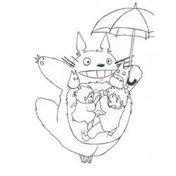 Coloriage Totoro tenant un parapluie avec ses amis et des enfants Coloriage Totoro tenant un parapluie avec ses amis et des enfants