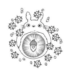 Coloriage Totoro tenant un gland entouré de fleurs Coloriage Totoro tenant un gland entouré de fleurs