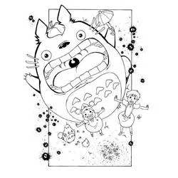 Coloriage Totoro rugissant avec les enfants et les esprits de suie Coloriage Totoro rugissant avec les enfants et les esprits de suie