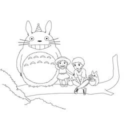 Coloriage Totoro avec un chapeau de fête et deux enfants sur une branche Coloriage Totoro avec un chapeau de fête et deux enfants sur une branche