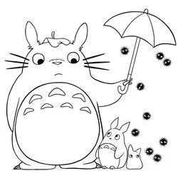 Coloriage Totoro tenant un parapluie avec les petits totoros Coloriage Totoro tenant un parapluie avec les petits totoros