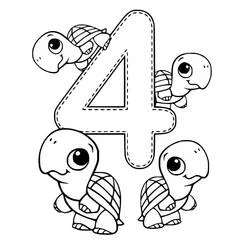 Coloriage Chiffre 4 avec quatre tortues mignonnes