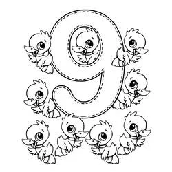 Coloriage Chiffre 9 entouré de neuf canetons