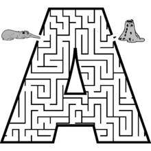 Coloriage Labyrinthe en forme de lettre A avec fourmilier et fourmilière