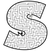Coloriage Labyrinthe en forme de lettre S avec araignée et putois
