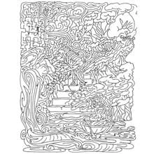 Coloriage Labyrinthe sinueux avec statue et barque