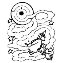Coloriage Sorcière volant sur son balai à travers un labyrinthe en spirale