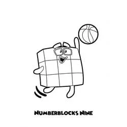Coloriage Numberblocks neuf jouant au basketball