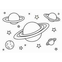 Coloriage Planete entourée d'anneaux, d'une lune et d'étoiles