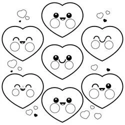 Coloriage Coeurs mignons avec des visages kawaii