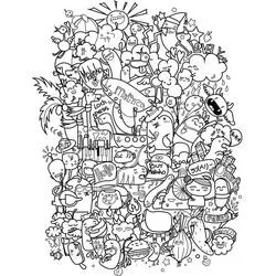Coloriage Doodle art rempli de petites créatures et nuages Coloriage Doodle art rempli de petites créatures et nuages