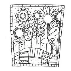 Coloriage Fleurs doodle art sur une colline patchwork Coloriage Fleurs doodle art sur une colline patchwork