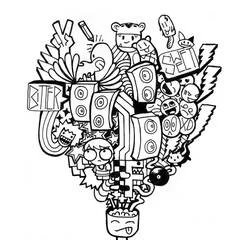 Coloriage Doodle art avec des enceintes et des visages rigolos Coloriage Doodle art avec des enceintes et des visages rigolos