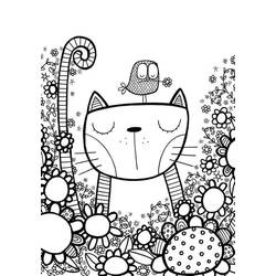 Coloriage Chat et oiseau parmi les fleurs Coloriage Chat et oiseau parmi les fleurs