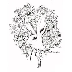 Coloriage Lapin en doodle art entouré de petits personnages Coloriage Lapin en doodle art entouré de petits personnages