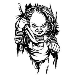Coloriage Chucky surgissant à travers un décor déchiré avec un couteau