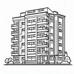 Coloriage Immeuble à toit plat et buissons latéraux