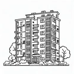 Coloriage Immeuble d'appartement avec arbres