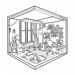 Coloriage Appartement cosy avec bureau et fenêtre