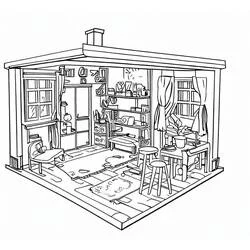 Coloriage Vue en coupe d'un petit appartement meublé