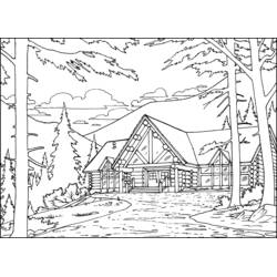 Coloriage Chalet en bois niché dans une forêt de montagne