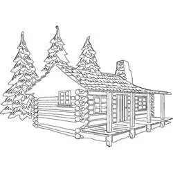 Coloriage Chalet en rondins au milieu des sapins