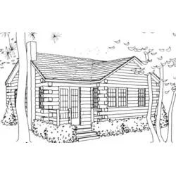 Coloriage Chalet en bois entouré d'arbres