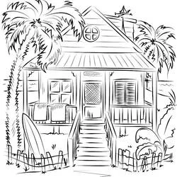 Coloriage Chalet de plage avec palmiers et planche de surf