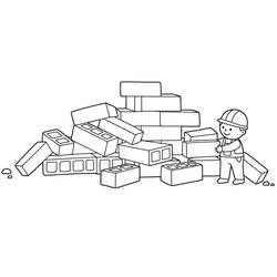 Coloriage Petit ouvrier de chantier empilant des briques