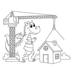Coloriage Dragon construisant une maison sur le chantier