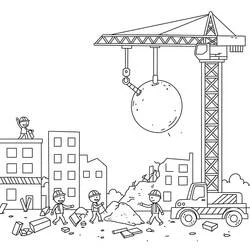 Coloriage Chantier avec grue et boulet de démolition