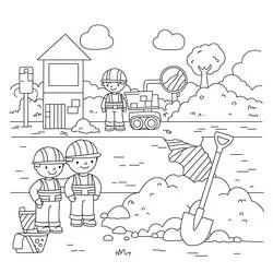 Coloriage Ouvriers du chantier près d'une cabine de construction