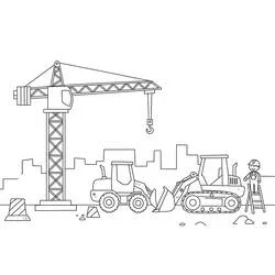 Coloriage Chantier avec grue et bulldozer