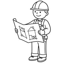 Coloriage Ouvrier du chantier avec plans de construction