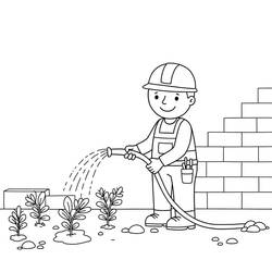 Coloriage Ouvrier du chantier arrosant des plantes