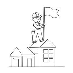 Coloriage Ouvrier du chantier sur le toit avec drapeau