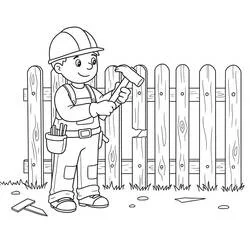 Coloriage Ouvrier martelant une clôture en bois