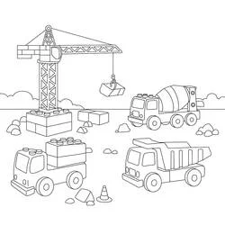 Coloriage Chantier avec grue et camions