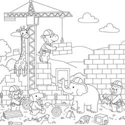 Coloriage Chantier avec des animaux ouvriers construisant un mur