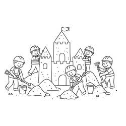 Coloriage Chantier avec ouvriers construisant un château de sable