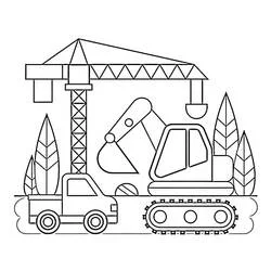Coloriage Grue, pelleteuse et camion sur un chantier