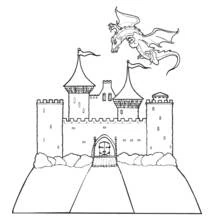 Coloriage Chateau avec un dragon volant au-dessus des tours
