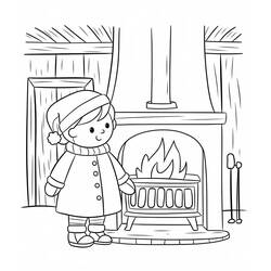 Coloriage Garçon se réchauffant près de la cheminée