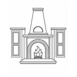Coloriage Cheminée avec âtre en arc et fenêtres encadrantes